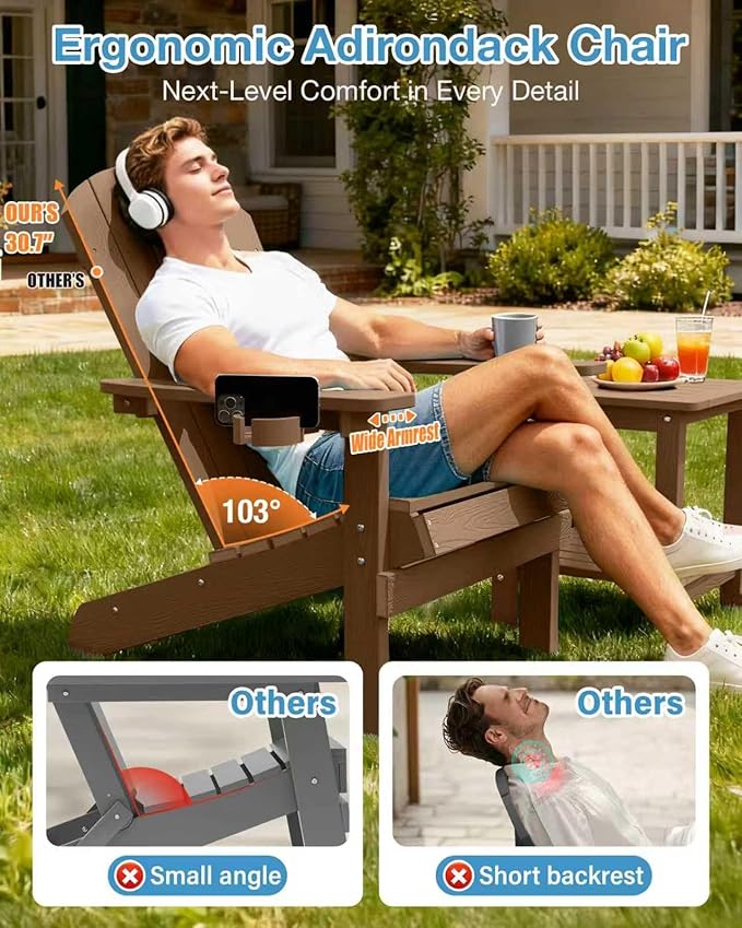 YEFU Adirondack Chairs Set of 4: Outdoor Chair HIPS Plastic Adirondack Chairs - Patio Chairs with Cup Holder & Wood Texture - Lawn Fire Pit Deck Porch Garden Chairs for Adults (Teak)