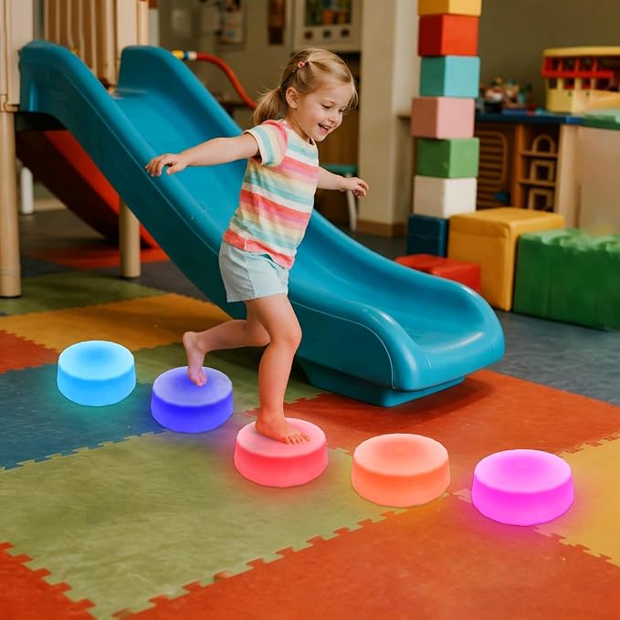 Light Up Stepping Stones for Kids Ages 3+ – LED Balance Stepping Stones with Step Activated Lights for Sensory Play, Obstacle Course, Indoor Outdoor Active Play (4 Pack)