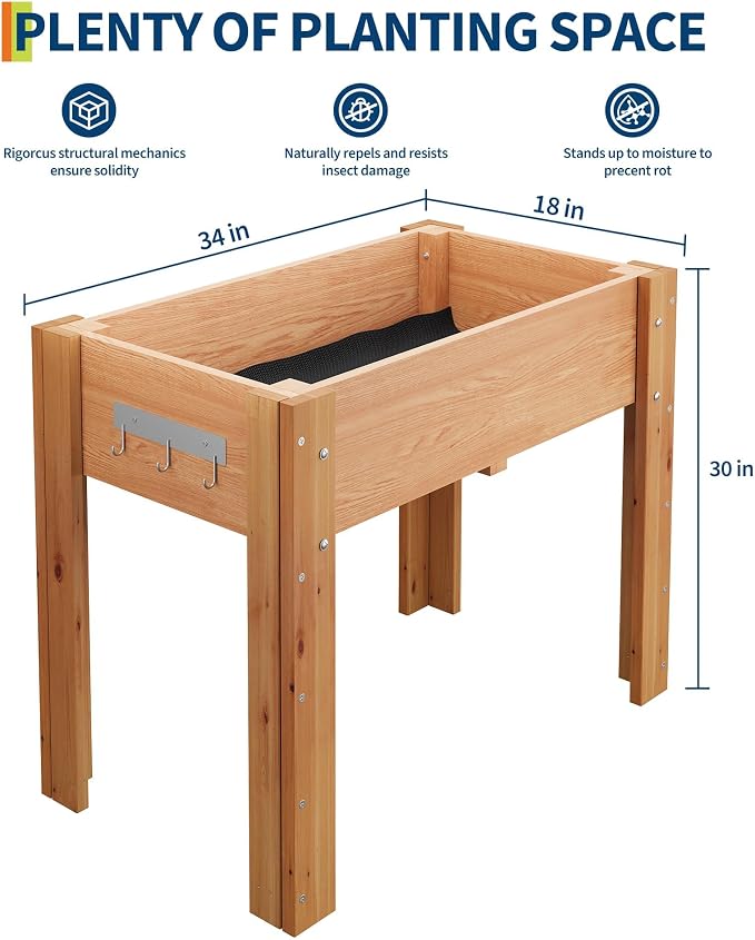 34x18x30IN Wooden Raised Garden Bed with Legs, Elevated Reinforced Large Planter Box for Vegetable Flower Herb Outdoor, Standing Growing Bed for Gardening/Backyard/Patio/Balcony, Liner Included