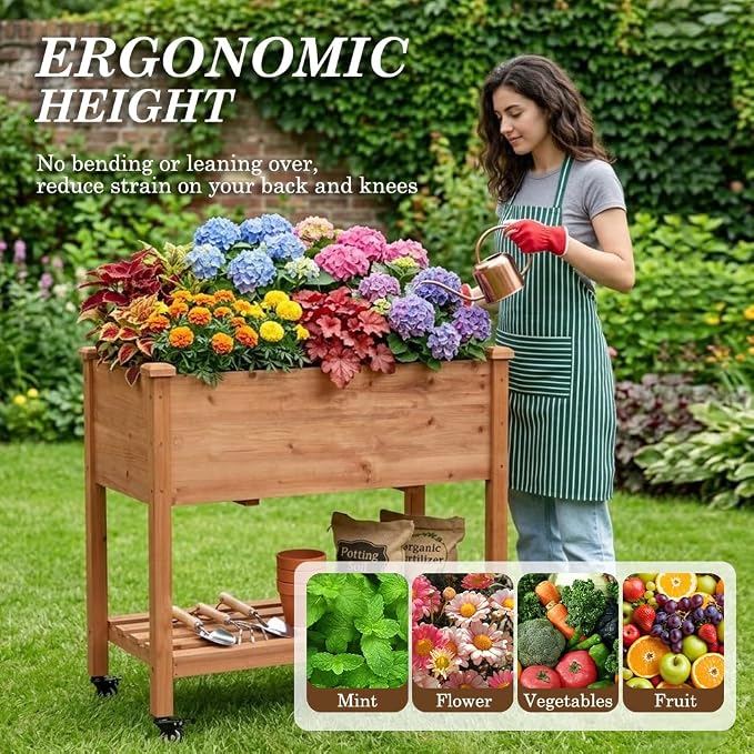 Raised Garden Bed with Lockable Wheels, 32x16x32 inch Elevated Wood Planter with Storage Shelf Protective Liner for Vegetable Flower Herb Outdoor Balcony Patio Backyard, Brown