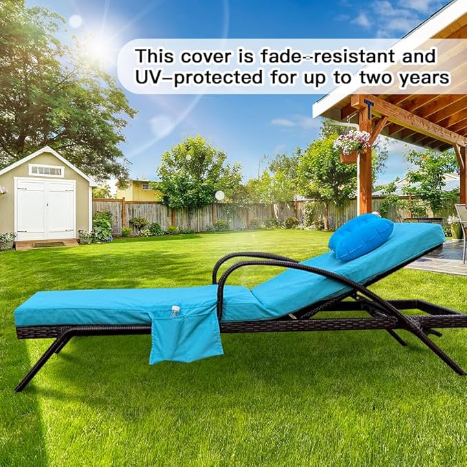 Replacement Covers for Outdoor Chaise Lounge Cushions, 80 x 26 x 3 Inch Patio Lounge Chair Cushion Covers–Waterproof, Fade-Resistant, with 2 Pockets & Inflatable Headrest (Cover Only) Sky blue