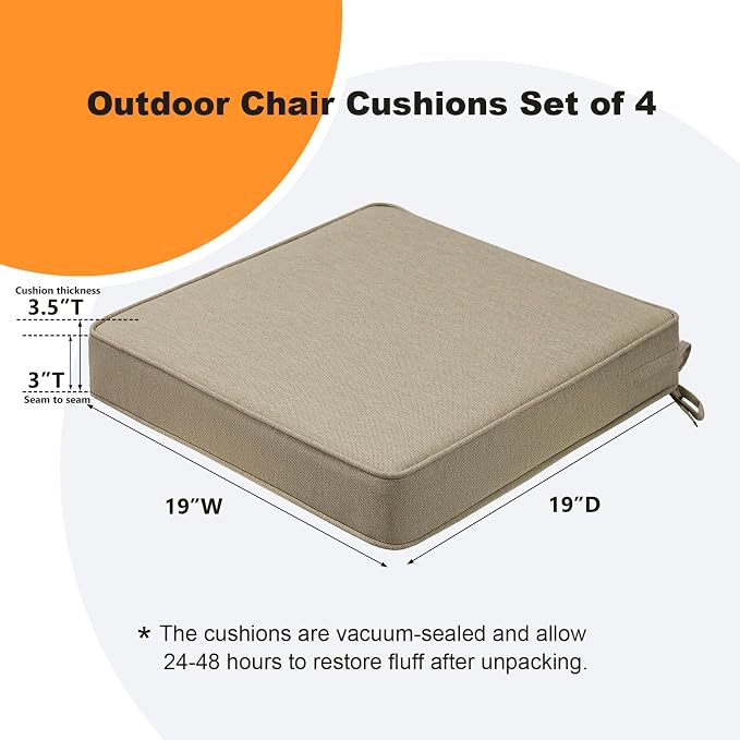 Unimatta Square Corner Seat Cushions, 19" x 19" x 3", Set of 4, Indoor Outdoor Water Repellent Universal Chair Pads with Ties for Patio Furniture, Garden Deck Dining Chairs, Tan
