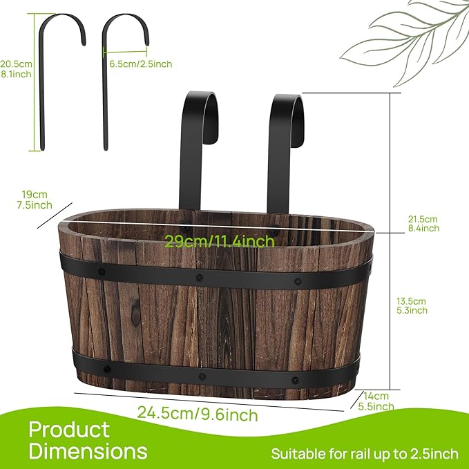 Wooden Hanging Planter for Railing Fence Outdoor Planter Railing Planter Boxes for Plants Wall Planters Window Flower Box Hanging Bucket Pots Countryside Plant Holder (Carbonized,1pcs,Small)