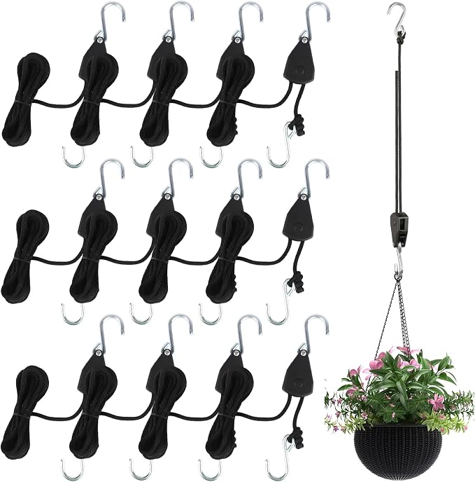 12-Pack 1/8" Adjustable Rope Hanger, Heavy Duty Retractable Ratchet Tie Down Strap with Reinforced Gear, Pulley System for Hanging Plants Grow Light and Tie-Downs for Various Purposes