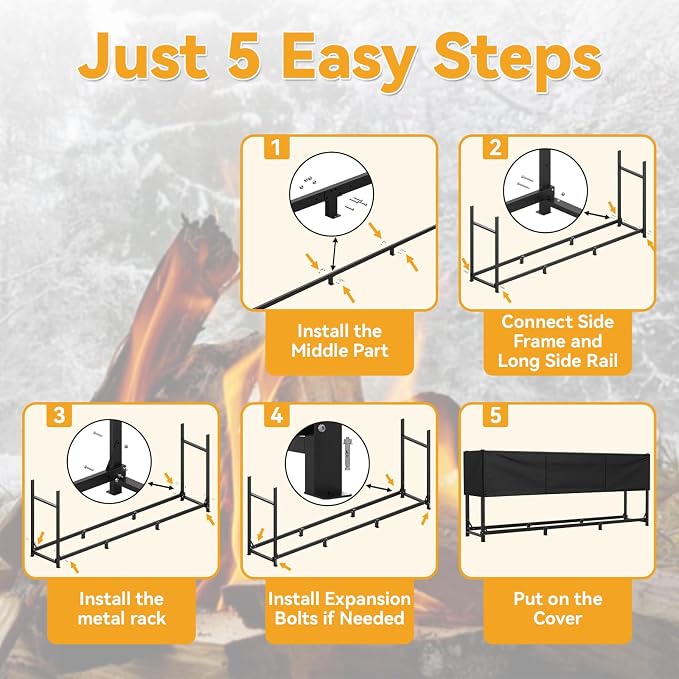 Heavy Duty 10ft Firewood Rack with Cover Outdoor, 5/8 Cord Capacity Log Holder Sturdy Steel Construction, All-Weather Black Powder Coat Wood Storage Organizer for Indoor&Outdoor Use, Black