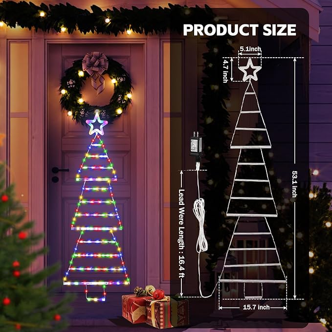 LED Christmas Lights Outdoor,4.6ft 189 LED Christmas Tree Ladder Light with Star Topper 8 Modes Christmas Decorations Lights for Indoor Outdoor, Window, Garden, Home, Wall, Xmas Tree Decor-Multicolor