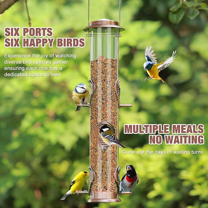 ERYTLLY Metal Bird Feeder for Wild Birds - 1.4mm Extra Thick Solid Transparent Tube With Steel Hanger, Squirrel Proof for Outside (Antique Copper-Metal 6 Feeding Ports)