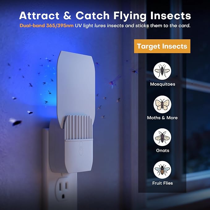 Fruit Fly Traps for Indoors,Plug in Fly Trap with UV Light & Glue Cards,Fly Trap Indoor for Gnats, Mosquitoes,Moths & More,Bug Zapper for House Kitchen Garage, 2 Pack & 6 Refills