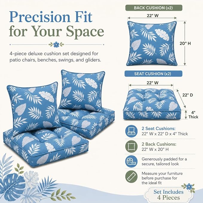 22x22 Waterproof Outdoor Chair Cushions Set of 2, Patio Cushions for Outdoor Furniture Water-Resistant & Fade-Resistant, Deep Seat & Back Cushion for Wicker Sofa (Blue Leaf)