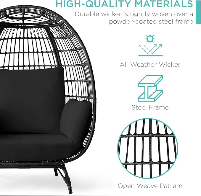 Best Choice Products Wicker Egg Chair, Oversized Indoor Outdoor Lounger for Patio, Backyard, Living Room w/ 4 Cushions, Steel Frame, 440lb Capacity - Black/Black