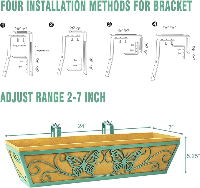4 Pack 24 Inch Railing Planter Boxes Window Box Planters with Liner | Adjustable Bracket, Heavy Duty Hanging Basket, Metal Butterfly Decor, Retain Moisture Liner, Vibrant Spring Green