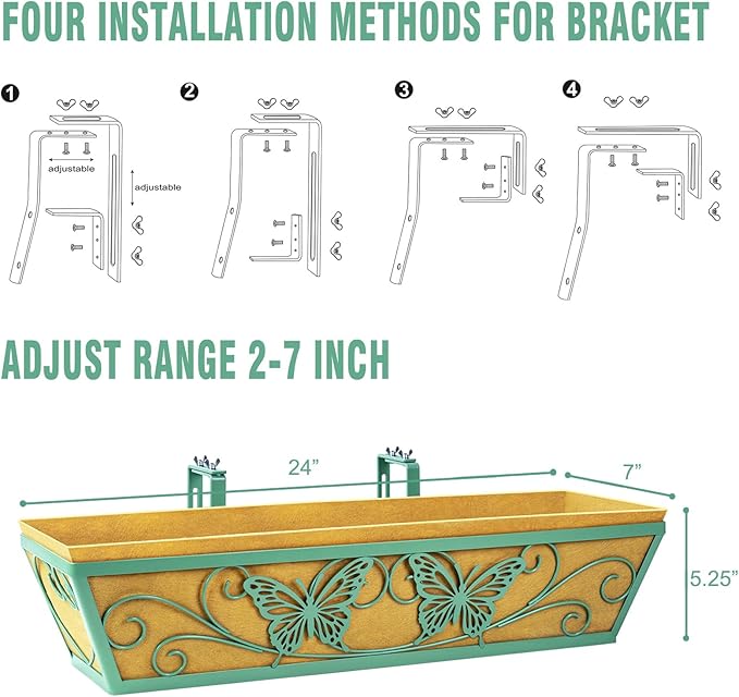 2 Pack 24 Inch Railing Planter Boxes Window Box Planters with Liner | Adjustable Bracket, Heavy Duty Hanging Basket, Metal Butterfly Decor, Retain Moisture Liner, Vibrant Spring Green
