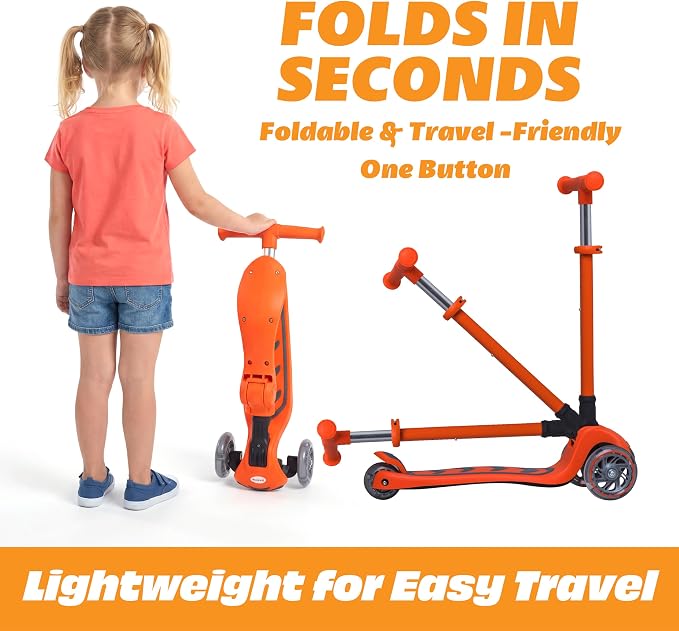 SKIDEE Kick Scooter for Kids Ages 3-5 | Foldable 3 Wheel Scooter with Lean-to-Steer, Adjustable Height, Removable Seat & LED Light Wheels | Toddler Scooter Up to 12 Year Old Boys/Girls