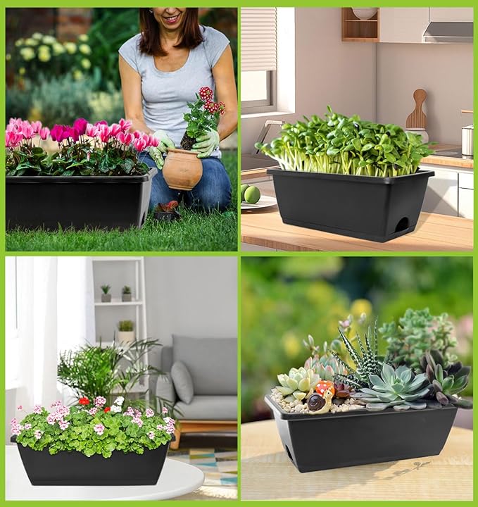 LOCONHA Window Box Planter, 7 Pack Plastic Vegetable Flower Planters Boxes 17 Inches Rectangular Flower Pots with Saucers for Indoor Outdoor Garden, Patio, Home Decor