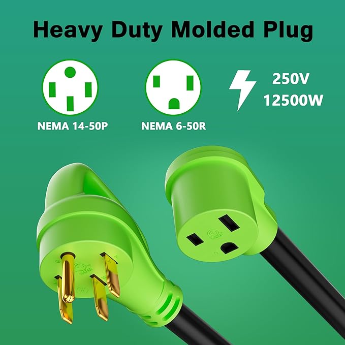 NEMA 14-50P to NEMA 6-50R Welder Adapter Cord, 50 Amp Heavy Duty Welder Welder Plug Outlet Adapter, 14-50P Male Pug with Handle to 6-50R Female, STW, 8AWG, 250V, 12500W, ETL Listed, 1FT