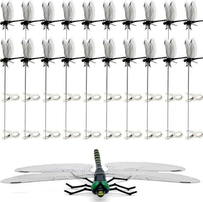 20 Pcs Black 3D Lifelike Dragonfly Clip & Garden Stake, Upgraded Detachable Fake Dragonfly Decor with Flexible PVC Wings, Nature-Inspired Outdoor Comfort Accessory for Hiking Hat, Camping and Patio