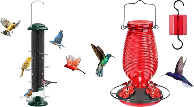 FEED GARDEN Plastic Tube Bird Feeder + Glass Hummingbird Feeder