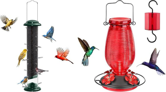 FEED GARDEN Plastic Tube Bird Feeder + Glass Hummingbird Feeder
