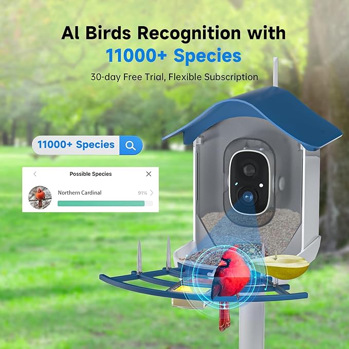 Smart Bird Feeder with Camera, 2K HD AI Identify Birds Species, Bi rd Watching Camera with Solar Panel, Instant Notifications, Ideal Present for Bird Lover, Dark Blue