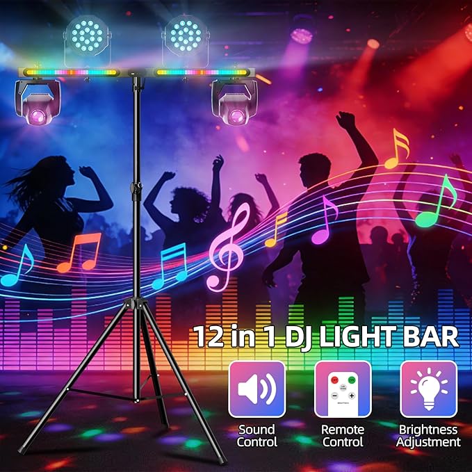DJ Light T-Bar Extension Cross Bar, 39.3 Inch 12 in 1 Rechargeable DJ Lighting for Par Can Strobe Light, for Stages, Banquet, Party, Suitable for 35mm Diameter Pole (Stand Not Include)