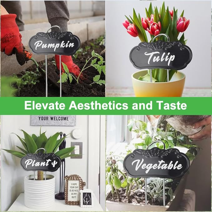 50 Packs Metal Plant Labels, Tall Outdoor Garden Markers for Flowers, Fruits and Vegetables, Weatherproof (Each 25 Pack, 4" x 1.9", Silver and Black)
