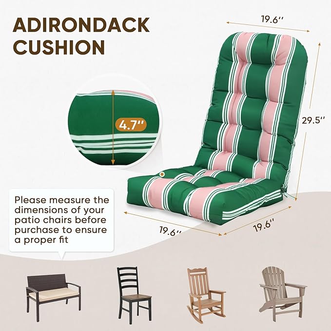 COOS BAY High Back Adirondack Chair Cushions for Outdoor Furniture, 49x20x5 in Water-Resistant Thick Tufted Patio Chair Cushions with Secure Straps, Set of 2, Rosewood Stripe