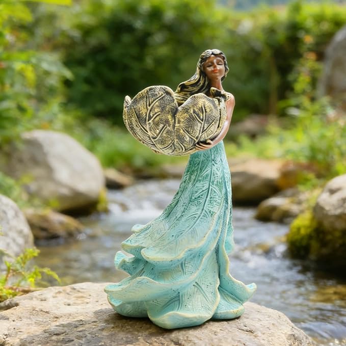 Resin Fairy Statue Bird Feeder 9.4 Inch Tall for Garden Decor, Doubles as a Decorative Birdbath or Water Feature, Ideal for Fairy Gardens, Cottagecore Themes & Porch Decor