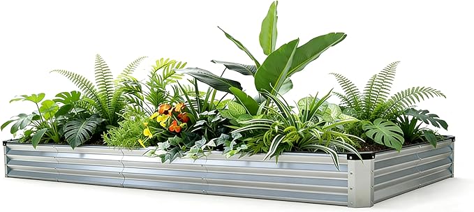 GrowHaus 8x4x1FT Galvanized Raised Garden Bed, Planter Boxes Outdoor Large Metal Garden Beds for Planting Vegetables Flowers Herbs Rectangle Silver