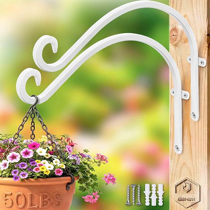 Lifyzoon Hanging Plant Brackets Outdoor: 50lbs Weight Capacity - Hanging Plant Hangers Wall Hooks 2 Packs, 12-Inch Wall Mount Brackets for Bird Feeder, Flower Baskets, White