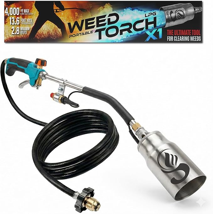 Sunlight® Propane Torch Weed Burner with 13 ft Hose, Adjustable 2,200,000 BTU Self Igniting Flamethrower, Heavy Duty Turbo Blow Torch For Garden, Wood, Melting Ice, Snow, Stumps, Grilling | May Vary