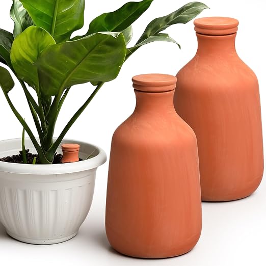 DoubleFill 2 Pcs 50oz Ollas Terracotta Watering Pots Self Watering Planter Insert Terracotta Globes Clay for Outdoor Indoor Garden Plants, Easy to Refill