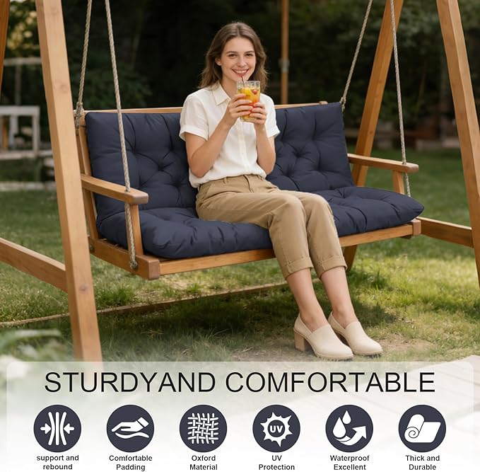 Porch Swing Cushions, Outdoor Swing Replacement Cushions 3 Seater with Backrest, Waterproof Bench Cushion with Ties,for Patio,Porch, Garden,Backyard