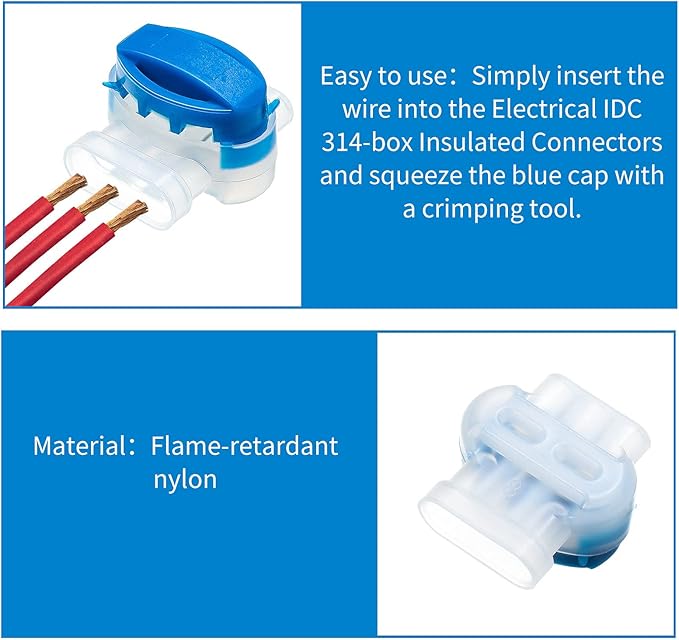 TOODOO 180 Pieces 3 Way Wire Connectors Locks Electrical IDC 314-box Wire Self-Stripping Pigtail Connectors for 22-14 AWG Cables Robotic Lawn Mowers Irrigation Application