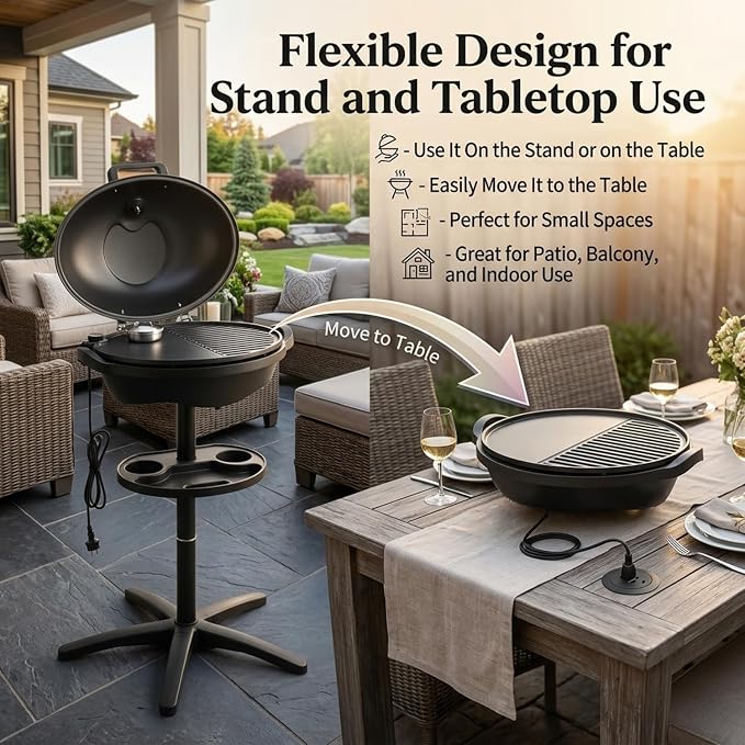 Artestia 1800W Electric Grill, Indoor Outdoor BBQ Grill with Stand, Adjustable Temperature Control, Portable Tabletop Grill for Patio, Balcony & Backyard