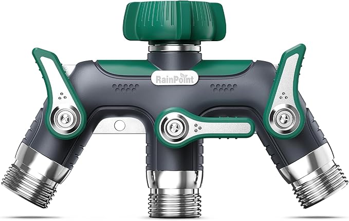 RAINPOINT 3 Way Hose Splitter, 100% Metal Heavy Duty Garden Hose Splitter With 1.9" Extra Long Handle & Individual Shut Off, 3/4 Inch GHT Thread Water Hose Connector For Spigot Faucet (Dark Green)