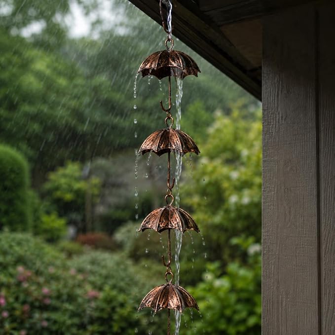 Umbrella Rain Chain, 102 Inch Metal Rain Chains for Gutters Downspouts Outside, Decorative Copper Finish Gutter Downspout Replacement, Outdoor Hanging Rainwater Chain for Porch Patio Garden Yard
