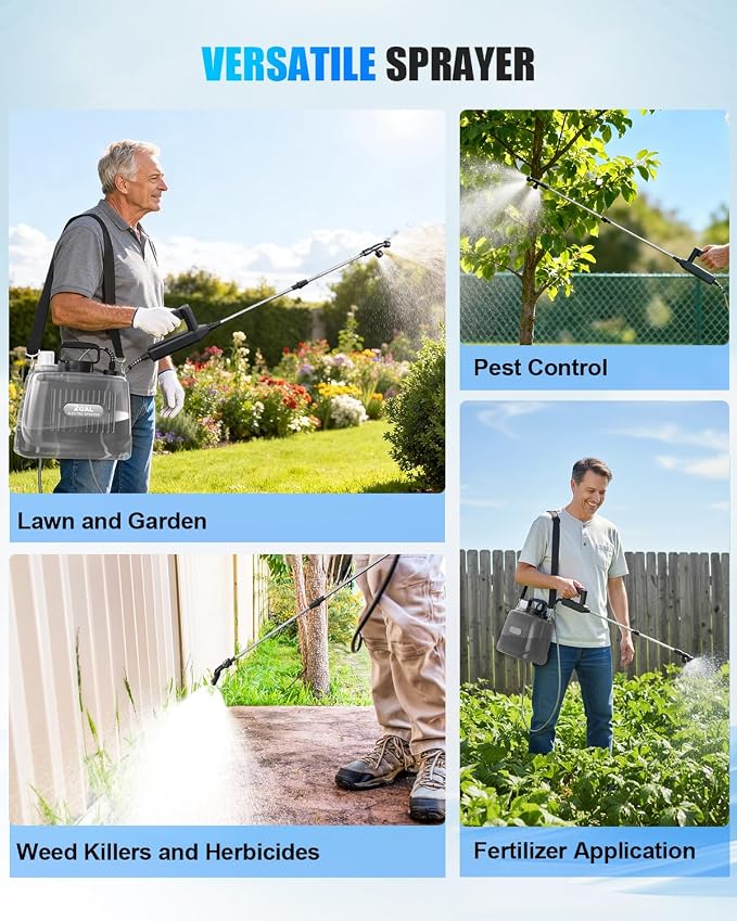 Battery Powered Sprayer 2 Gallon, Electric Weed Sprayer with 3 Adjustable Pressure Levels, 4 Nozzles & Extendable Wand, Rechargeable Garden Sprayer for Yard, Lawn, Plants & Fertilizer