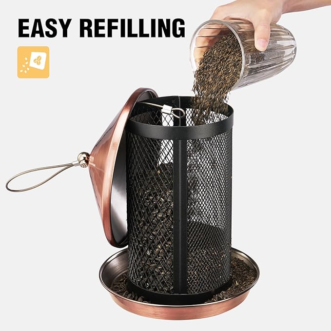 Veehoo Metal Bird Feeder for Outdoors-Dual Seed Chambers & Wild Bird Feeder Hanging Bird Feeder for Outside, Mesh Tube Feeder with Weatherproof Roof for Cardinal Bluebird Finch, Antique Copper