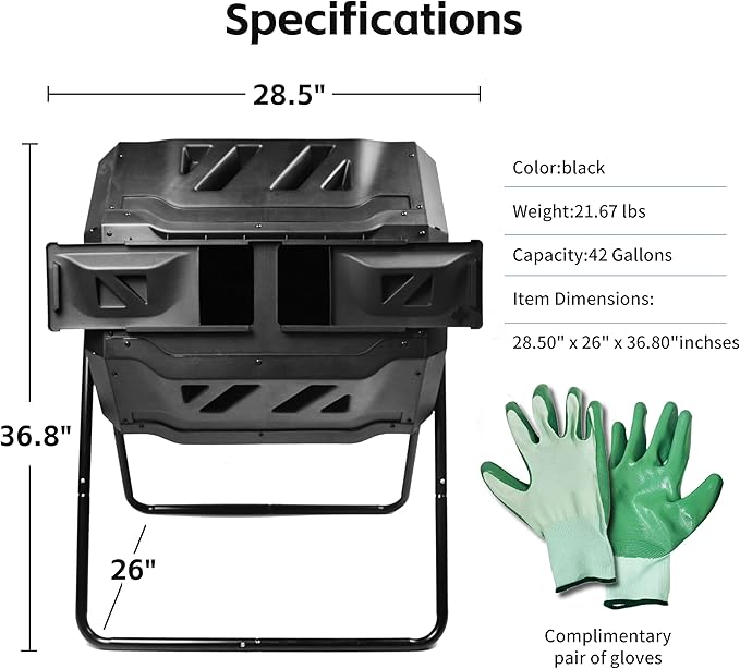 MaxWorks Dual‑Chamber Compost Tumbler, 42‑Gallon Capacity Rotating Outdoor Composter with Aeration Vents, UV‑Resistant Polypropylene Drum and Steel Frame, Includes Gloves (50891)
