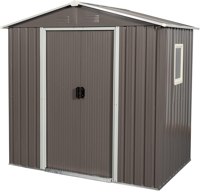 6FT x 5FT Outdoor Storage Shed, Heavy Duty Galvanized Steel Garden Shed with Sliding Lockable Doors, Punched Vents & Foundation Kit, Weather Resistant Metal Tool Shed for Backyard,Gray with Window