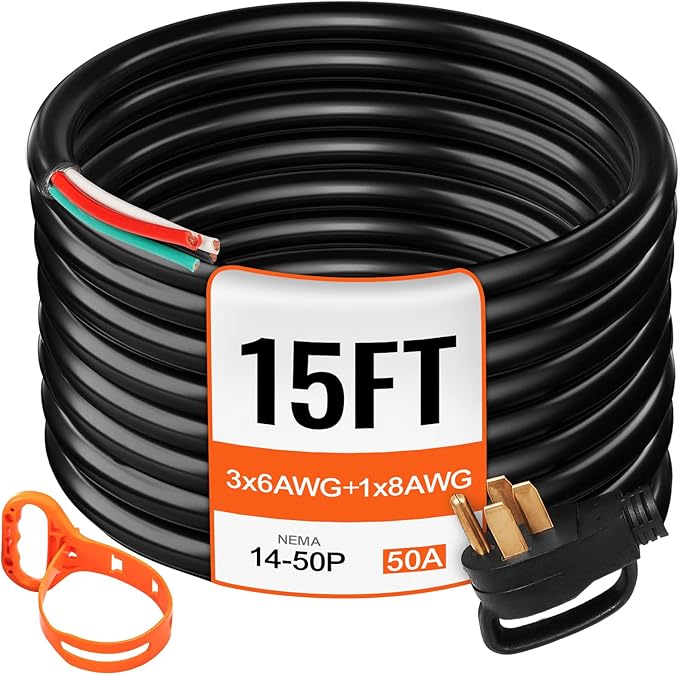 VEVOR 15-Foot 50 Amp Heavy Duty Generator Extension Cord, 6/3+8/1 Gauge STW, 125V/250V 4-Wire NEMA 14-50P to SS2-50R, 12500W Power Cord with Handle for RV, EV, Transfer Switch