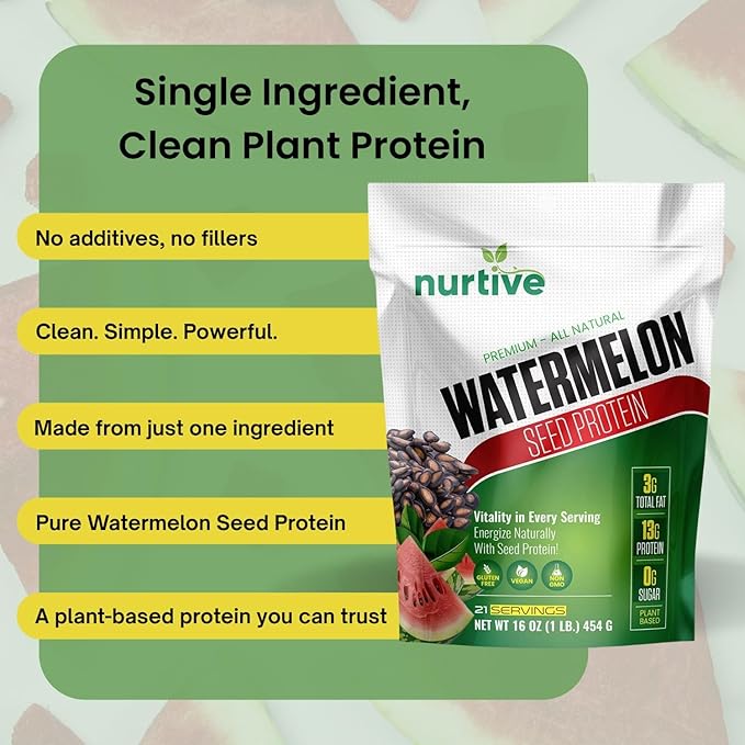 Watermelon Seed Protein Powder - Plant-Based Protein with Magnesium, Iron, and Antioxidants - Ideal for Post-Workout Recovery & Sustainable Nutrition - 21 Servings (16 oz / 454g)