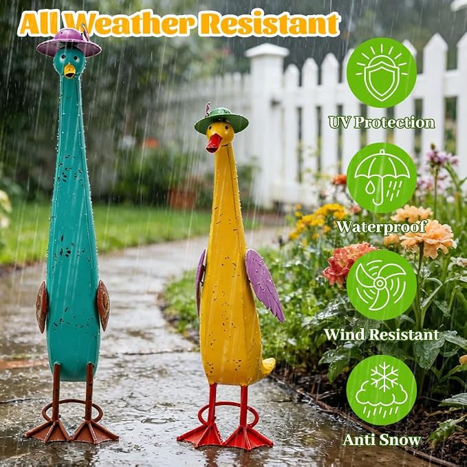 22" Duck Garden Statue Set of 2 Metal Ducks | Outdoor Decor Yard Art Porch Animal Figurine Lawn Ornament Rustproof Sculptures for Outside Patio Backyard Decorations