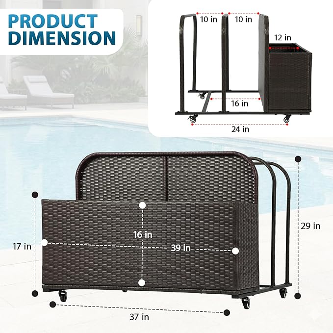 FDW Pool Float Storage Poolside Storage Bin Holder Storage Rack with Wheels PE Rattan Basket Open Compartments for Floaties Noodles Life Vests Beach Balls Equipment Cushions Patio furniture