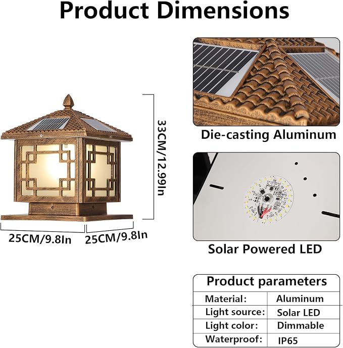 SLAWA Outside Housing Post Lighting Fixtures 9.8In Solar Post Caps Lights Bronze Aluminium Waterproof Column Light Outdoor Solar Powered Landscape Lighting Porch Pillar Lamp Fence Deck Mailbox Lantern