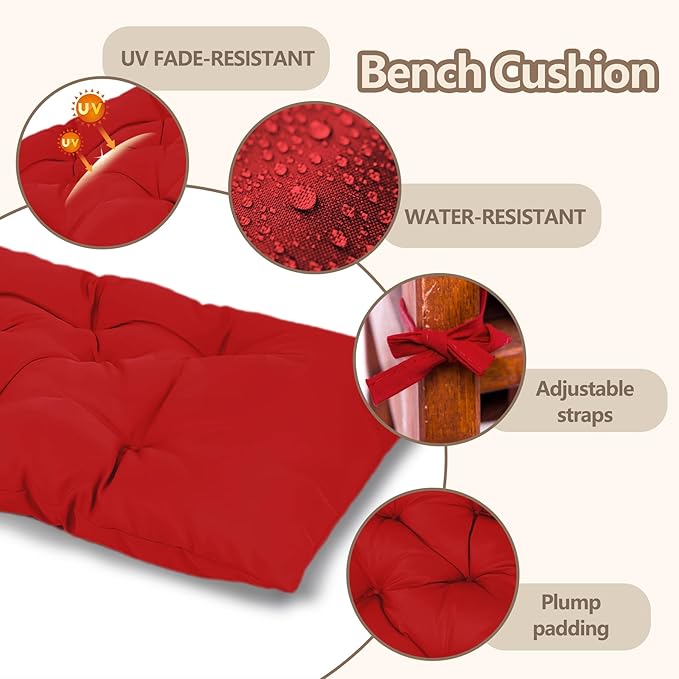 Yddsky Waterproof Indoor Outdoor Garden Bench Seat Cushions,Thicken Patio Bench Soft Rocking Chairs Pad Lounger Seat for Porch Wicker Loveseat Settee (59 X 19.6 in,Red