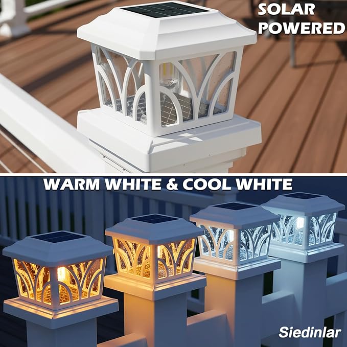SIEDiNLAR Solar Post Cap Lights Outdoor, Aluminum Glass 2 Modes Edison LED Bulbs for 4x4 5x5 6x6 Vinyl/Wooden Posts Fence Deck Patio Decor, Warm White/Cool White Lighting 4 Pack (White)