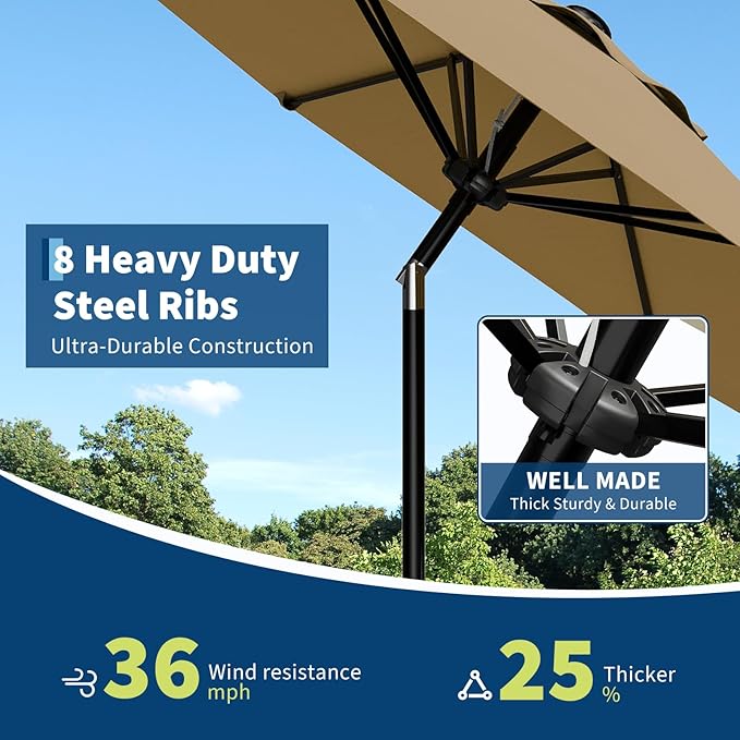 GarveeLife 9FT Umbrella Outdoor Patio, Table Umbrella with Push Button Tilt and Crank, 8 Sturdy Ribs Waterproof UV Protection for Garden, Pool, Deck, Backyard, Market (Khaki)