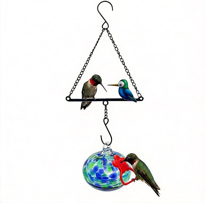 Headak Life Hummingbird Feeder for Outdoors Hanging,Metal Hummingbird Swing with Hand Blown Glass Hummingbird Feeder,Artistic Bird Perch & Garden Decor, Unique Gardening Gifts for Women(Dotted Blue)
