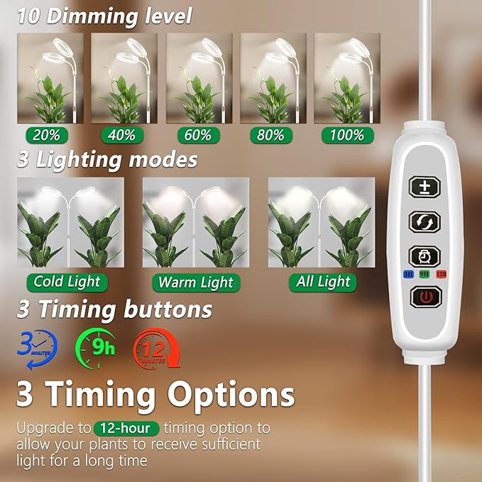 Floor Grow Lights for Indoor Full Spectrum Plant Lighting with Adjustable 67" Stand for Growing Large Tall Plants 3/9/12H Timer,3 Light Modes, 2Heads
